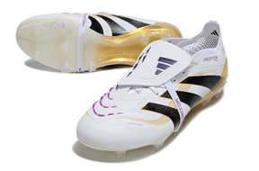 Chuteira Adidas Predator Elite Fold-Over Tongue FG - Branca, Dourada e Preta em vista lateral.