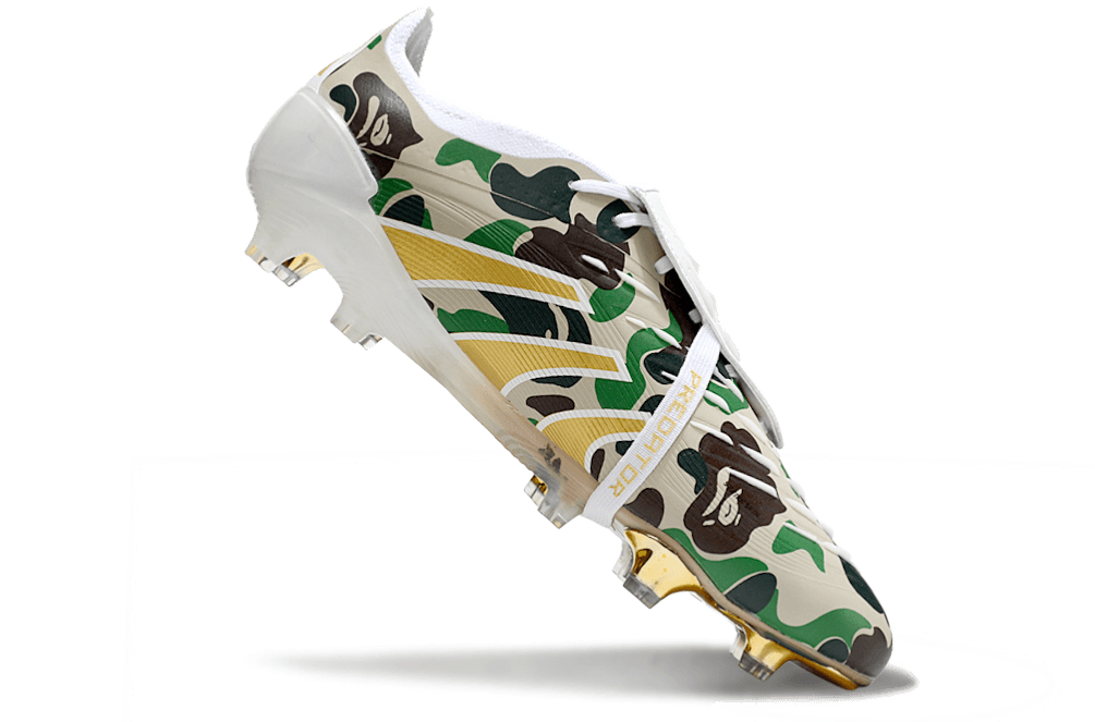 Chuteira Adidas Predator Elite Fold-Over Tongue FG - Branca, Dourada e Verde com design camuflado.