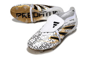 Chuteira Adidas Predator Elite Fold-Over Tongue FG - Branca, Dourada e Vermelha com design exclusivo.