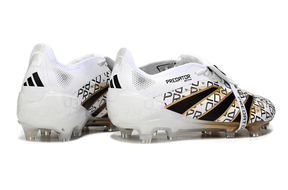Chuteira Adidas Predator Elite Fold-Over Tongue FG - Branca, Dourada e Vermelha com design moderno