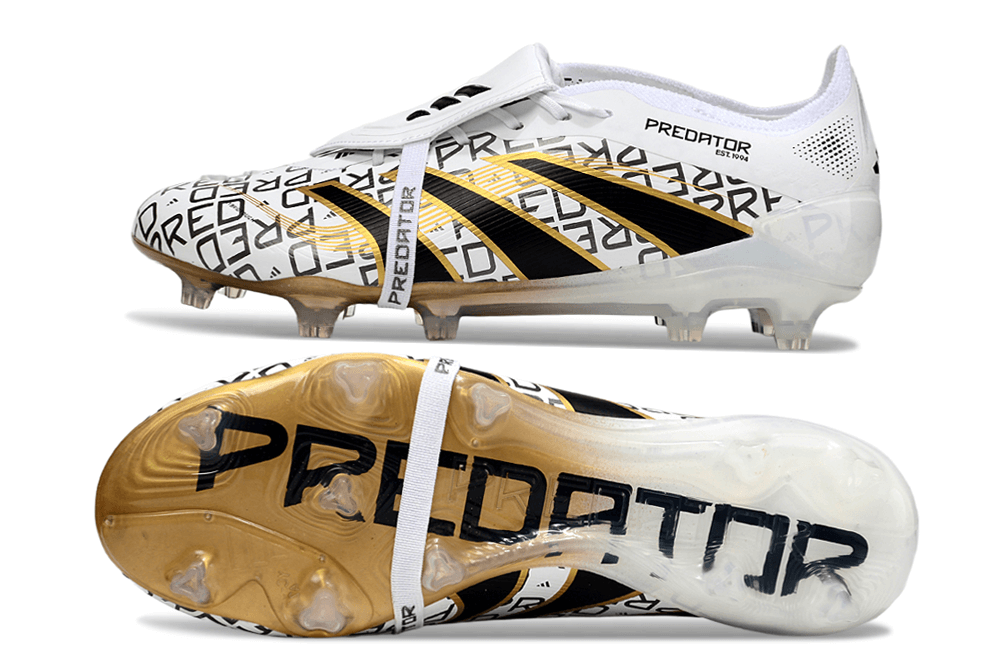 Chuteira Adidas Predator Elite Fold-Over Tongue FG - Branca, Dourada e Vermelha com detalhes em preto e sola dourada.