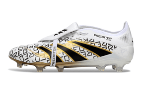 Chuteira Adidas Predator Elite Fold-Over Tongue FG - Branca, Dourada e Vermelha lado esquerdo com detalhes em preto e dourado.
