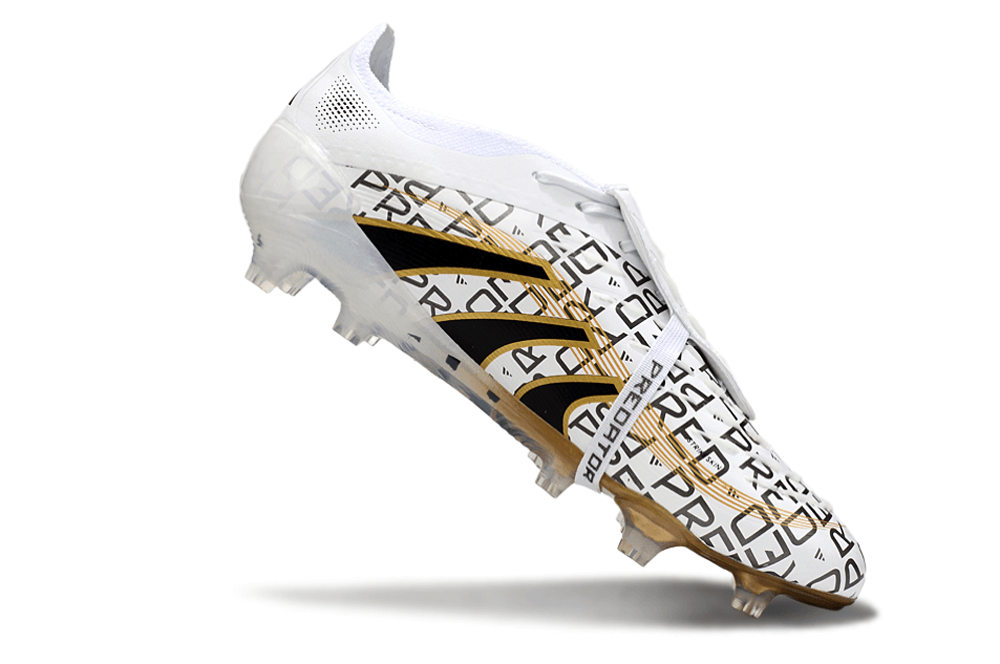 Chuteira Adidas Predator Elite Fold-Over Tongue FG - Branca, Dourada e Vermelha em ângulo lateral com detalhes em preto.