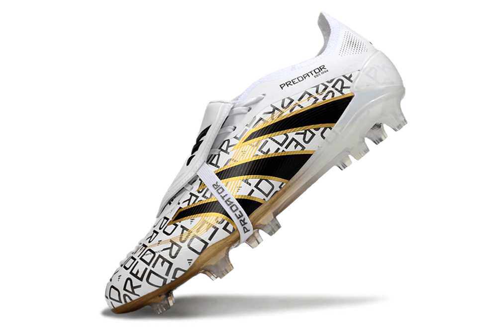 Chuteira Adidas Predator Elite Fold-Over Tongue FG - Branca, Dourada e Vermelha em ângulo lateral.