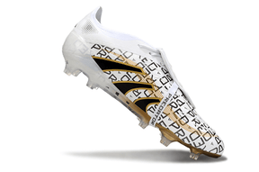 Chuteira Adidas Predator Elite Fold-Over Tongue FG - Branca, Dourada e Vermelha em ângulo lateral com detalhes em preto.