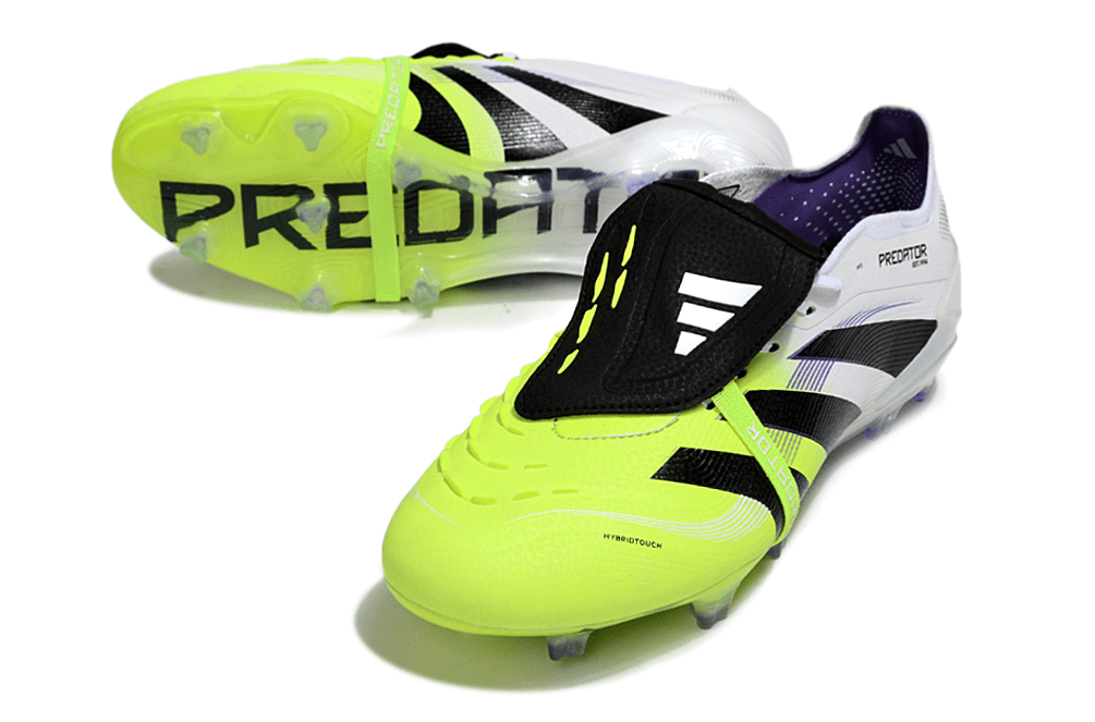 Chuteira Adidas Predator Elite Fold-Over Tongue FG - Branca, Preta e Verde com detalhes em amarelo e preto