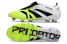 Chuteira Adidas Predator Elite Fold-Over Tongue FG - Branca, Preta e Verde para futebol, vista lateral e inferior.