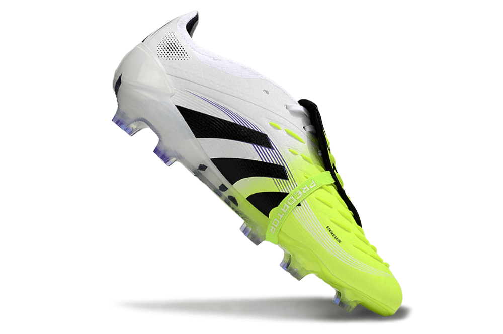 Chuteira Adidas Predator Elite Fold-Over Tongue FG - Branca, Preta e Verde em destaque com detalhes amarelos.