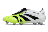 Chuteira Adidas Predator Elite Fold-Over Tongue FG - Branca, Preta e Verde com design moderno e cores vibrantes.