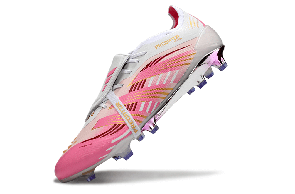 Chuteira Adidas Predator Elite Fold-Over Tongue FG - Branca, Rosa e Roxa em destaque com design moderno e cores vibrantes.