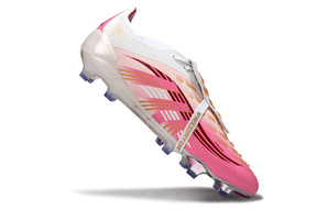 Chuteira Adidas Predator Elite Fold-Over Tongue FG - Branca, Rosa e Roxa em ângulo, destacando cores vibrantes e design aerodinâmico.