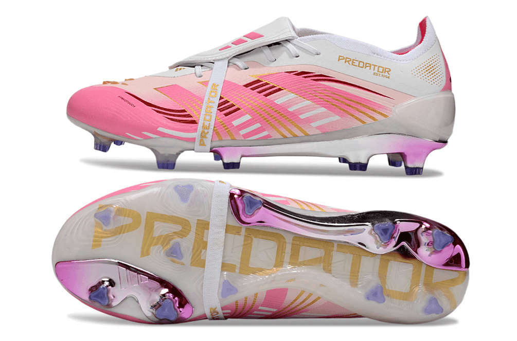 Chuteira Adidas Predator Elite Fold-Over Tongue FG - Branca, Rosa e Roxa com design elegante e moderno.