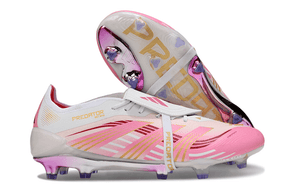 Chuteira Adidas Predator Elite Fold-Over Tongue FG - Branca, Rosa e Roxa com design moderno e detalhes coloridos.