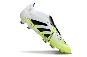 Chuteira Adidas Predator Elite Fold-Over Tongue FG - Branca, Verde e Preta lateral com detalhe em amarelo.