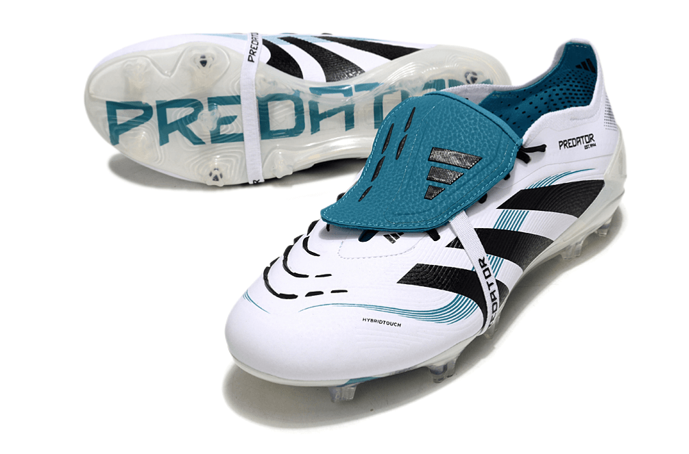 Chuteira Adidas Predator Elite Fold-Over Tongue FG - Branca, Verde e Preta com design inovador e performance excepcional.