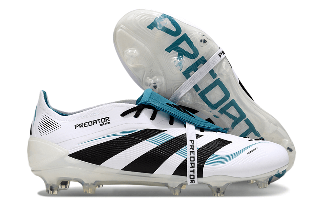 Chuteira Adidas Predator Elite Fold-Over Tongue FG - Branca, Verde e Preta com detalhes em azul e preto