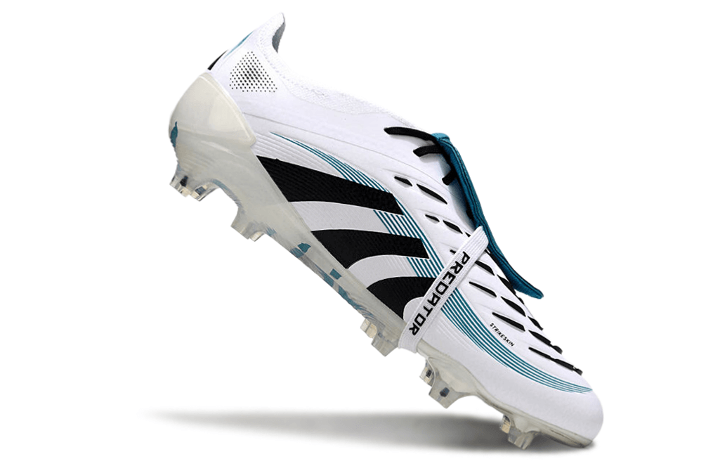 Chuteira Adidas Predator Elite Fold-Over Tongue FG - Branca, Verde e Preta em ângulo, destacando design e cores.