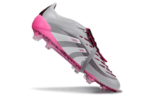 Chuteira Adidas Predator Elite Fold-Over Tongue FG - Cinza, Rosa e Branca destacada em fundo branco.