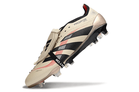 Chuteira Adidas Predator Elite Fold-Over Tongue FG - Dourada, Preta e Vermelha em destaque, design moderno e performance.