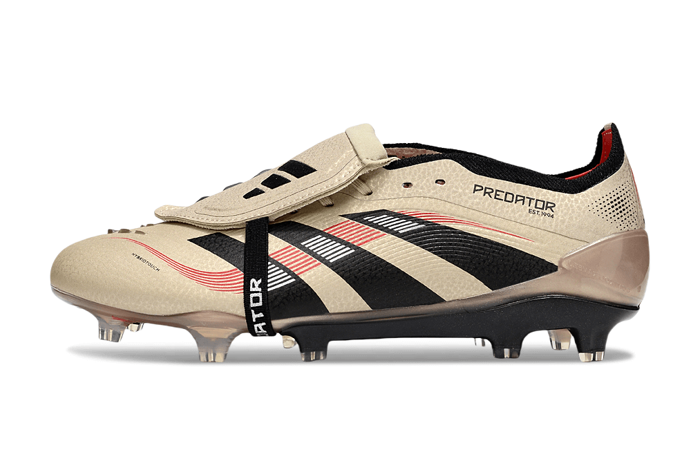Chuteira Adidas Predator Elite Fold-Over Tongue FG - Dourada, Preta e Vermelha lateral com detalhes em vermelho e preto.