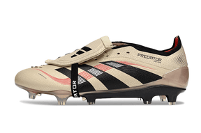 Chuteira Adidas Predator Elite Fold-Over Tongue FG - Dourada, Preta e Vermelha lateral com detalhes em vermelho e preto.