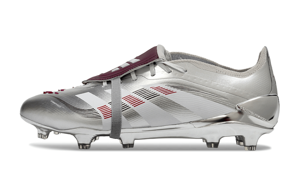 Chuteira Adidas Predator Elite Fold-Over Tongue FG - Prata, lado esquerdo, detalhes prateados e design moderno.