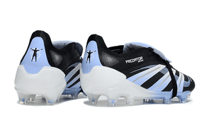 Chuteira Adidas Predator Elite Fold-Over Tongue FG - Preta, Azul e Branca com design moderno e detalhes em azul.