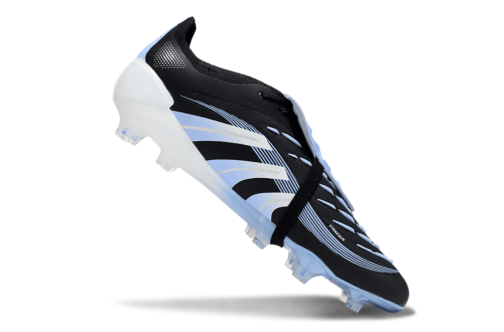 Chuteira Adidas Predator Elite Fold-Over Tongue FG - Preta, Azul e Branca em ângulo lateral.