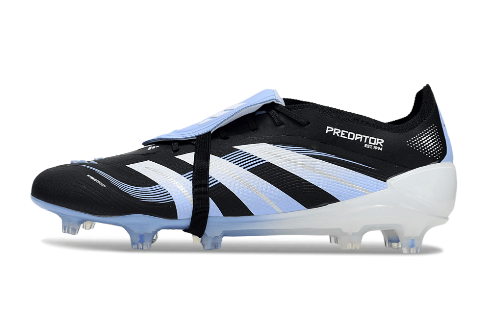 Chuteira Adidas Predator Elite Fold-Over Tongue FG - Preta, Azul e Branca lateral com detalhes azuis.