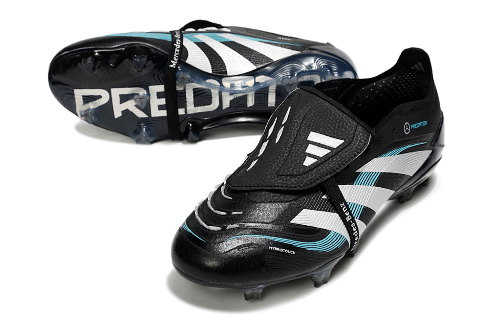 Chuteira Adidas Predator Elite Fold-Over Tongue FG - Preta, Branca e Azul com design moderno e tecnologia avançada.