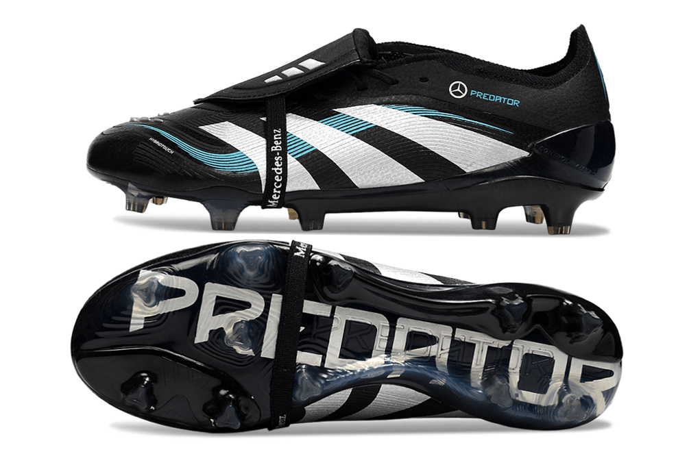 Chuteira Adidas Predator Elite Fold-Over Tongue FG - Preta, Branca e Azul com design moderno e sola FG.