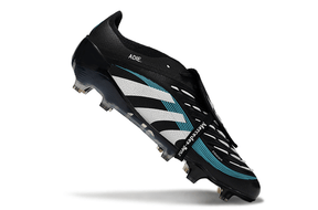 Chuteira Adidas Predator Elite Fold-Over Tongue FG - Preta, Branca e Azul em ângulo lateral.