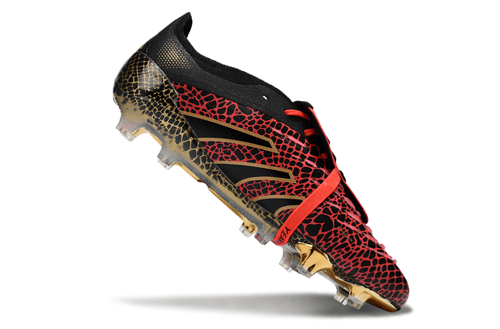 Chuteira Adidas Predator Elite Fold-Over Tongue FG - Preta, Dourada e Vermelha lateral com detalhes em vermelho e preto