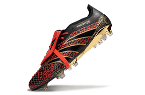 Chuteira Adidas Predator Elite Fold-Over Tongue FG - Preta, Dourada e Vermelha com detalhe em vermelho e dourado.