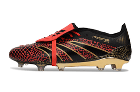 Chuteira Adidas Predator Elite Fold-Over Tongue FG - Preta, Dourada e Vermelha com design arrojado e detalhes em vermelho.