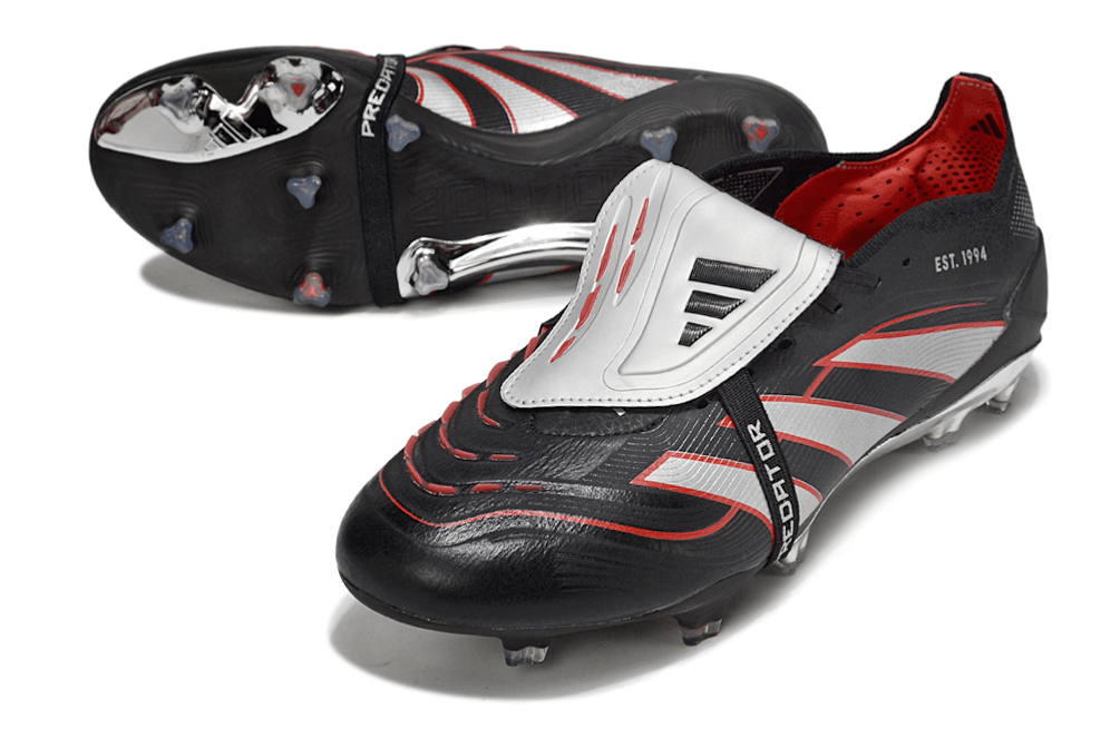Chuteira Adidas Predator Elite Fold-Over Tongue FG - Preta, Prata e Vermelha em vista lateral e detalhes dos enlaces.