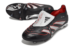 Chuteira Adidas Predator Elite Fold-Over Tongue FG - Preta, Prata e Vermelha em vista lateral e detalhes dos enlaces.