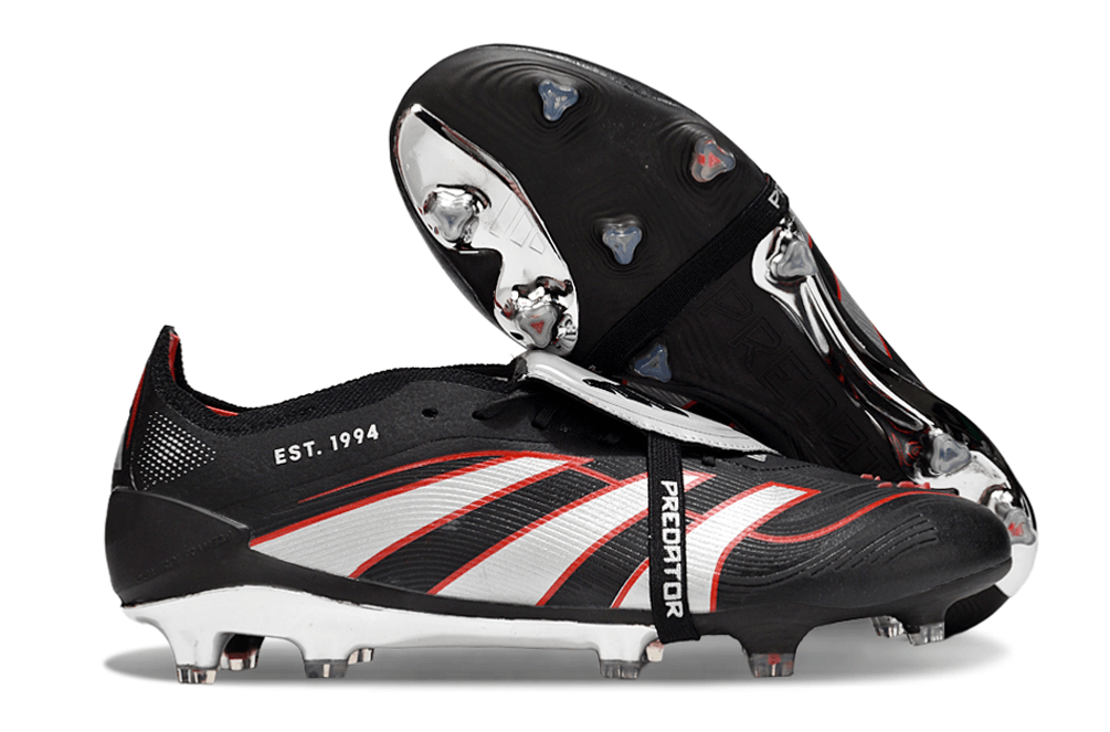 Chuteira Adidas Predator Elite Fold-Over Tongue FG - Preta, Prata e Vermelha com design moderno e detalhe em vermelho.