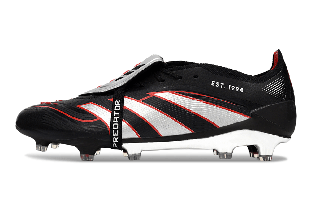 Chuteira Adidas Predator Elite Fold-Over Tongue FG - Preta, Prata e Vermelha com design esportivo.