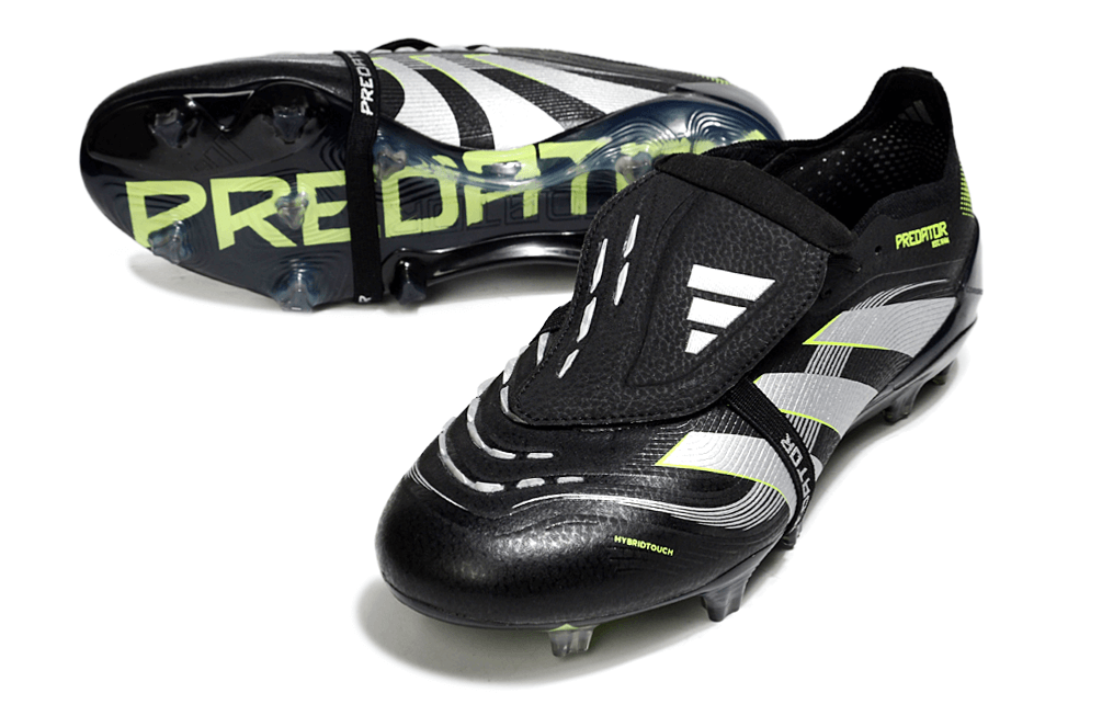 Chuteira Adidas Predator Elite Fold-Over Tongue FG - Preta, Verde e Branca em destaque, com detalhe do solado e design moderno.