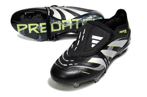 Chuteira Adidas Predator Elite Fold-Over Tongue FG - Preta, Verde e Branca em destaque, com detalhe do solado e design moderno.