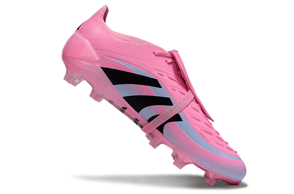 Chuteira Adidas Predator Elite Fold-Over Tongue FG - Rosa, Azul e Preta em ângulo lateral.