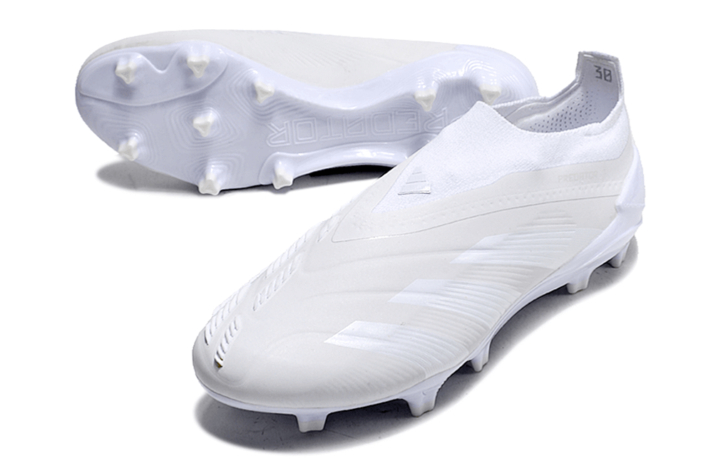 Chuteira Adidas Predator Elite Laceless FG - Branca com design sem cadarço e tecnologia de ponta.