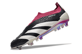 Chuteira Adidas Predator Elite Laceless FG - Preta e Branca em ângulo, destacando design inovador e tecnologia avançada.