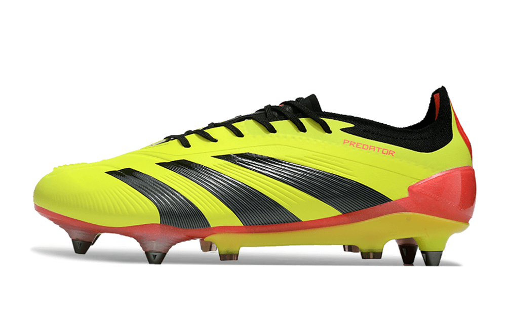 Chuteira Adidas Predator Elite SG em amarelo e preto, ideal para gramados molhados e desempenho profissional.
