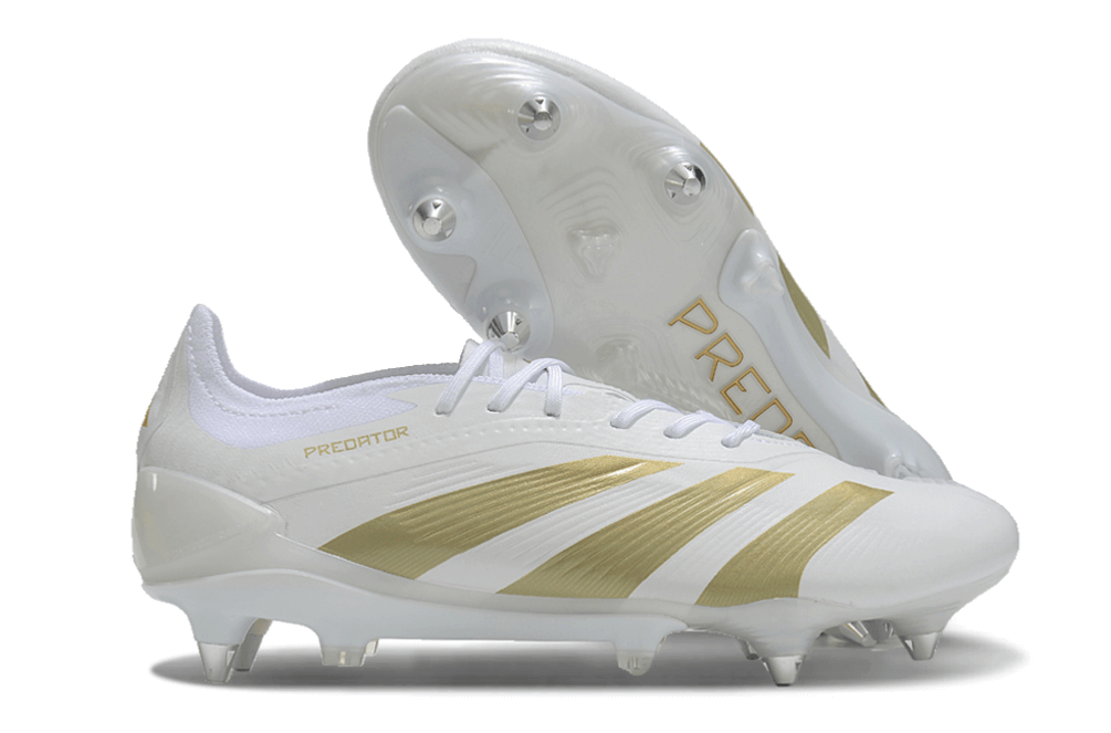 Chuteira Adidas Predator Elite SG, chuteira de futebol branca e dourada para gramados macios.