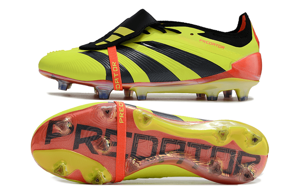 Chuteira Adidas Predator Elite Tongue FG - Amarela e Preta, ideal para desempenho em campo, com design vibrante e tecnologia avançada.