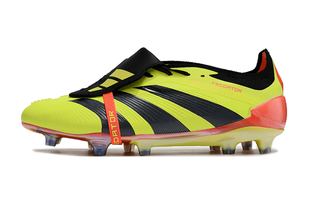 Chuteira Adidas Predator Elite Tongue FG - Amarela e Preta com design vibrante e tecnologia para desempenho em campo.