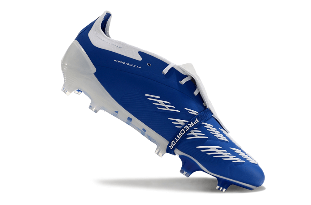 Chuteira Adidas Predator Elite Tongue FG - Azul e Branca vista lateral, destacando seu design moderno e tecnologia de ponta.