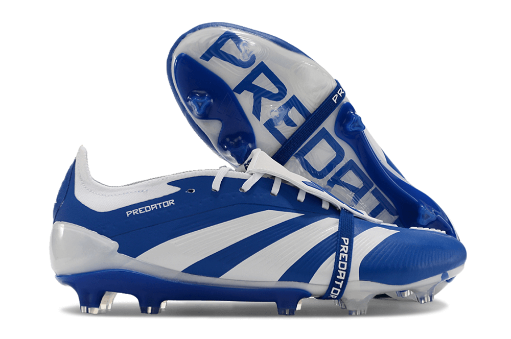 Chuteira Adidas Predator Elite Tongue FG - Azul e Branca com design sofisticado e tecnologia de ponta.